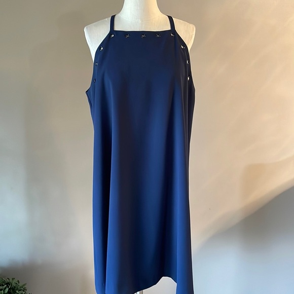 ALFANI navy blue shift dress tank / square neck grommets accents zip back sz 14 - Picture 2 of 10